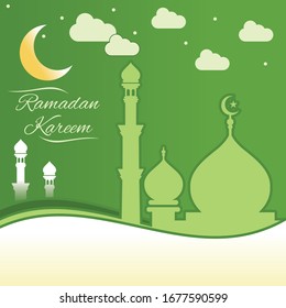 ramadhan kareem con mezquita y luna y nube sobre fondo verde