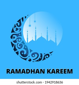 Ramadhan-Kareem aus Moschee, Mond, Laterne, Vektorgrafik und blauem Hintergrund