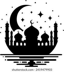 Ramadhan Kareem. Mosque silhouette with crescent moon and stars. Vector illustration.