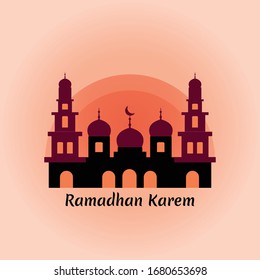 Ramadhan Kareem or Ramadhan Mubarak greeting card with mosque minarets and red background - Vector Illustration