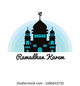 Ramadhan Kareem or Ramadhan Mubarak greeting card with mosque minarets and blue background - Vector Illustration