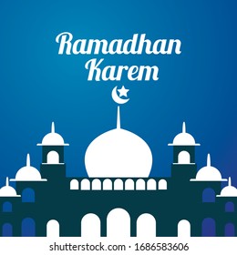 Ramadhan Kareem or Ramadhan Mubarak greeting card with mosque minarets and blue background - Vector Illustration