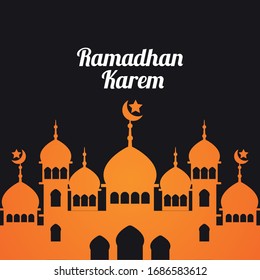 Ramadhan Kareem or Ramadhan Mubarak greeting card with mosque minarets and black background - Vector Illustration