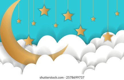 Ramadhan kareem poster or invitation design with 3d paper cut islamic lanterns, stars and moon on gold and blue background. background design for ramadhan, eid al adha, eid al fitr.