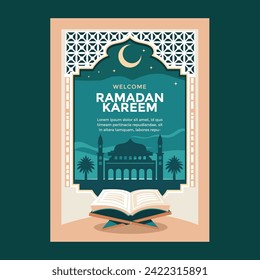 Ramadhan kareem Poster Template with Mosque and Holy Quran Background