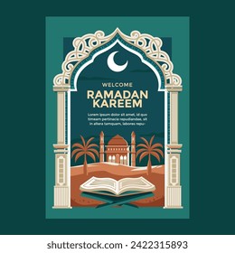 Ramadhan kareem Poster Template with Mosque and Holy Quran Background