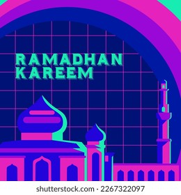 Ramadhan kareem en elementos de diseño retrofuturista, matrices de perspectiva, mezquita, geometría.  Estilo Cyberpunk 80.  Ilustración vectorial. para alimentación o publicación en medios sociales