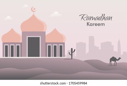 Ramadhan kareem vector concept. Flat style illustration of islamic holy month with mosque, cactus, and camel symbol. 