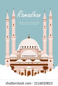 Ramadhan Kareem Vektorgrafik mit Vier-Säulenmoschee auf dem Hintergrund