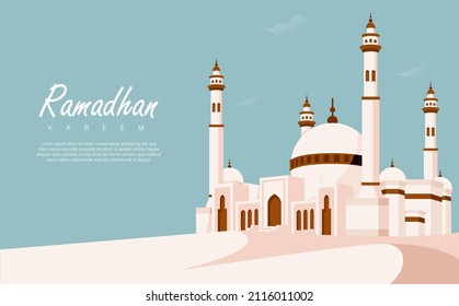 Ramadhan Kareem Vector Illustration with Four Pillars Mosque in the Background