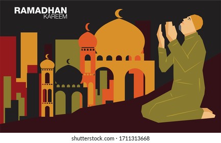 Ramadhan Kareem vector illustration greeting a mosque background at night time