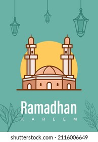 Ramadhan Kareem Vector Illustration with Mosque Doodle Style in the Background