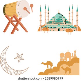 Ramadhan Kareem Vector. Islamic Festive Illustration. Beautiful Mosque, Crescent Moon, and Bedug Drum. Desert Mosque with Camels. Islamic Ramadan Art. Traditional Islamic Elements.Ramadhan Celebration