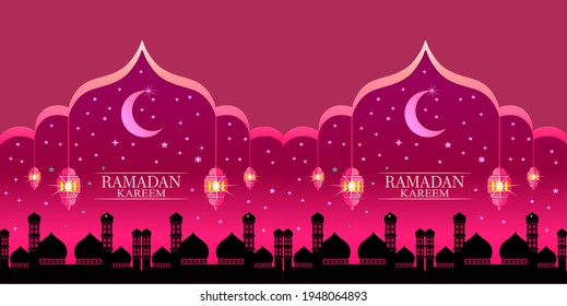 Ramadhan Kareem which means the glorious Ramadan, with vector mosques and lanterns glowing with a predominantly purple and pink background, ramadan templates, greeting cards and wallpapers.