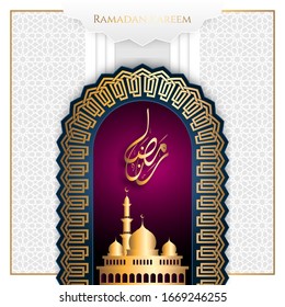 Ramadhan Kareem White Background with Ornamentation of Dome and Arabic Calligraphy