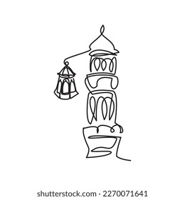Línea Ramadán. Icono Eid. Sencillo dibujo de línea de Minaret y linterna tradicional. Ilustración vectorial de Minaret y linterna para icono, símbolo, logotipo ramadan, eid, hajj, umrah. Musulmanes - Línea Islam Eps.