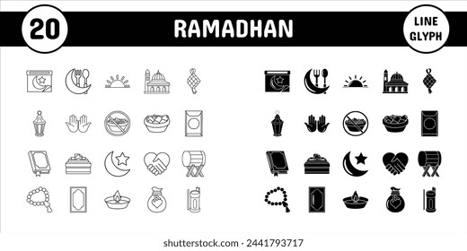 Ramadán Línea Glifo Vector Ilustración Icono Pegatina Set Diseño Materiales