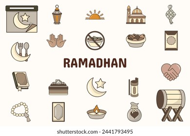 Ramadán Lineal Color Vector Ilustración Icono Pegatina Set Diseño Materiales