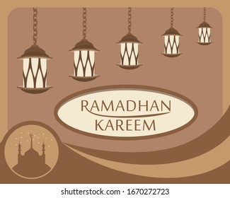 Ramadhan month. illustration of lanterns, mosques, moon stars, greeting cards and happy Ramadan backgrounds.
