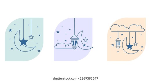 Ramadhan month. set of line art icons, Islamic for social media design pictures, line art, icons, media banners. vector illustration.