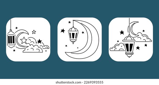 Ramadhan month. set of line art icons, Islamic for social media design pictures, line art, icons, media banners. vector illustration.