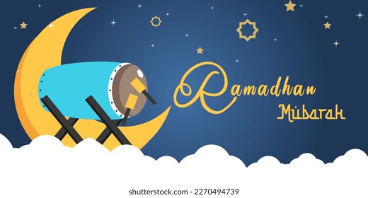 Ramadhan Mubarak blue greetings. Marhaban Ya Ramadhan Greeting with hand lettering calligraphy and illustration. Translated Happy Holy Ramadan