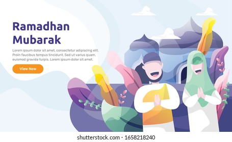 Ramadhan Mubarak. Flat illustration with colorfull background. Iftar party.  Islamic character. Can use for website or landing page.