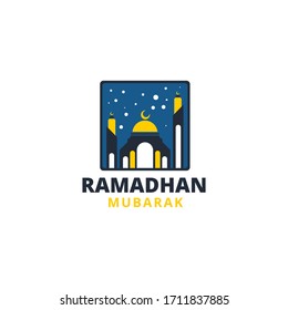 Ramadhan Mubarak Logo Template. In blue and yellow color and mosque design concept
