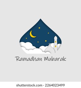 Ramadhan Mubarak Vektor Illustration banner with moon clouds and mosque 3d paper cutout