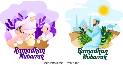 Ramadhan Mubarrak, these are two illustration of daily activities of moslem people when it's ramadhan, like break the fasting and shalat