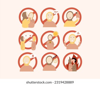 Ramadhan set cartoon for muslim infographic. Set prohibition activities during Ramadhan.  Collection of prohibition during Ramadhan for infographic and education content.