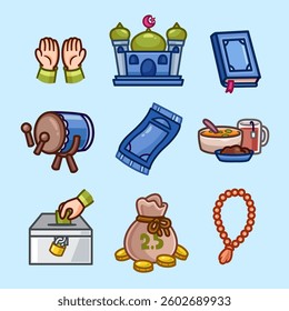 Ramadhan Set Cartoon Vector Icon Illustration. People Religion Icon Concept Isolated Premium Vector. Flat Cartoon Style