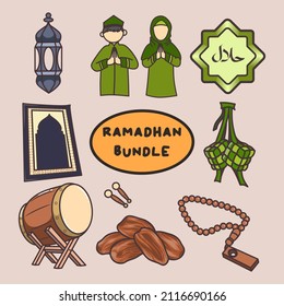 ramadhan set item illustration vector. with date palm, mosque drum, prayer mat, etc. good for decorative background, islamic background, islamic card, greetings card, flyer, etc.
