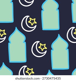 Ramadhan theme, colorful seamless pattern. Hand drawn doodle and illustrations for sticker, postcard, wallpaper, mural, fabric, prints, etc