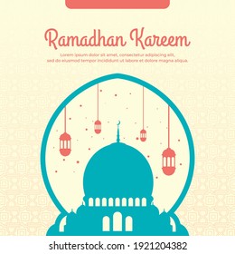 Vector de Ramadán con una hermosa shilouette de mezquita, tarjeta de saludo de Ramadán, fondo de patrón islámico, plantilla de post Ramadhan kareem