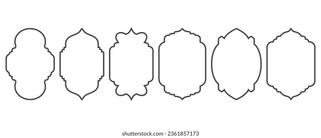 Ramadhan window frame shapes. Vector outline islamic arch and door. Muslim ornament label. Design elements isolated on white background. Traditional vintage symbols for decoration.
