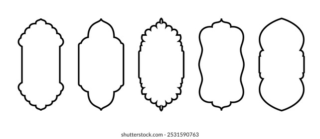 Ramadhan window frame shapes. Vector outline Islamic arch, door. Traditional black stroke symbols for decoration. Muslim ornament label. Moroccan design elements isolated on transparent background