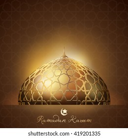 Ramadn Kareem background glow light mosque dome with arabic calligraphy and geometric pattern - Translation of text : Ramadan Kareem - May Generosity Bless you during the holy month