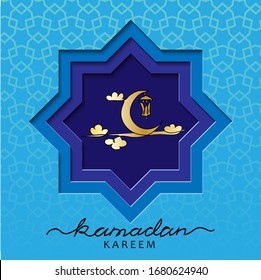 Ramadzan Blue Square Vector Card. Template With Lantern, Crescent, Moon, Clouds. Vector Papercut Card Design. Paper Cutout Decoration For Ramazan.