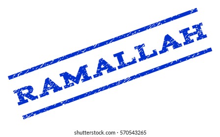 Ramallah watermark stamp. Text tag between parallel lines with grunge design style. Rotated rubber seal stamp with dust texture. Vector blue ink imprint on a white background.