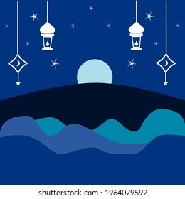 Ramandan blue night illustration abstract background with lantern, moon and stars