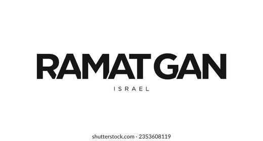 Ramat Gan im israelischen Emblem für Druck und Web. Das Design zeichnet sich durch geometrischen Stil, Vektorgrafik mit gewagter Typografie in moderner Schrift aus. Grafische Slogan-Schrift einzeln auf weißem Hintergrund.