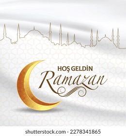 ramazan bayrami, ramadan kareem. welcome ramadan greeting card vector illustration (turkish: hos geldin ramazan) Hoşgeldin Ya Şehri Ramazan Have a blessed Ramadan. Moon Vector.