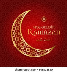 ramazan bayrami, ramadan kareem. welcome ramadan greeting card vector illustration (turkish: hos geldin ramazan)