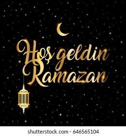 ramazan bayrami, ramadan kareem. welcome ramadan greeting card vector illustration (turkish: hos geldin ramazan)