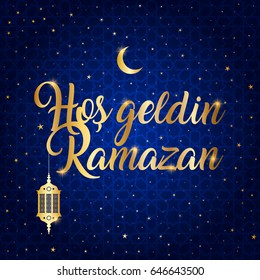 ramazan bayrami, ramadan kareem. welcome ramadan greeting card vector illustration (turkish: hos geldin ramazan)