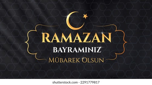 Ramazan Bayraminiz dark banner. Traditional Islamic holiday. Religion and culture. Eid al Fitr Mubarak Islamic feast, Kutlu Olsun. Holy month of muslim community. Cartoon flat vector illustration