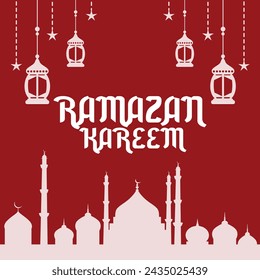 Diseño de la tarjeta de felicitación del cartel "Ramazan Kareem". Árabe Ramazan concepto ilustración vectorial Tipografía sobre un fondo rojo con la mezquita y la linterna colgante, estrellas para el mes sagrado de la comunidad musulmana.