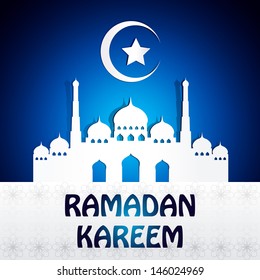 Ramazan Kareem Greeting card / Mosque and crescent moon with stars Ramazan Kareem on blue night Background / paper craft style 