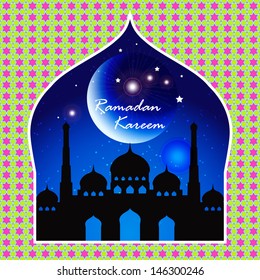 Ramazan Kareem Greeting card / Mosque and crescent moon with stars Ramazan Kareem on blue night Islamic pattern Background  